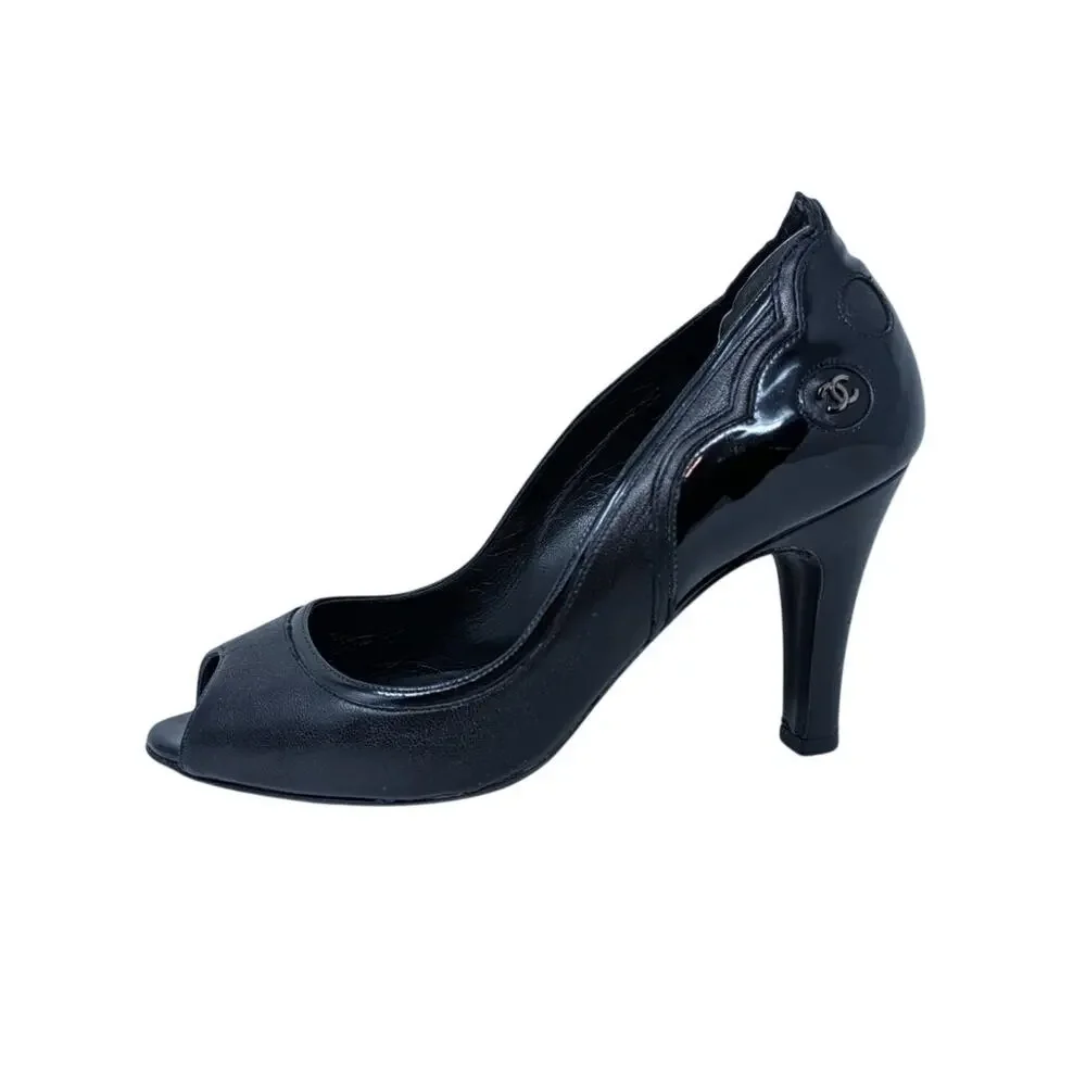 Chanel Black Leather Patent CC Logo Peep Toe Pumps Heels 36